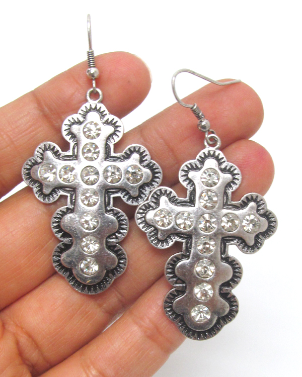 CRYSTAL CROSS FISH HOOK EARRINGS