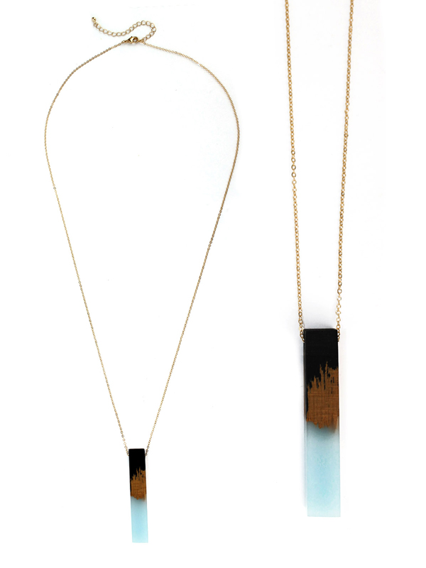 Resin and wood bar pendant long necklace