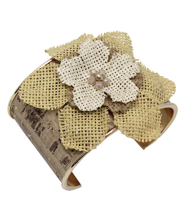 RATTAN FLOWER AND CORK TEXTURED BANGLE BRACELET