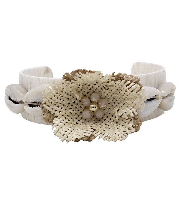 RATTAN FLOWER AND COWRY SHELL BANGLE BRACELET