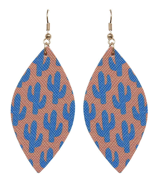 Cactus print faux leather marquise earring