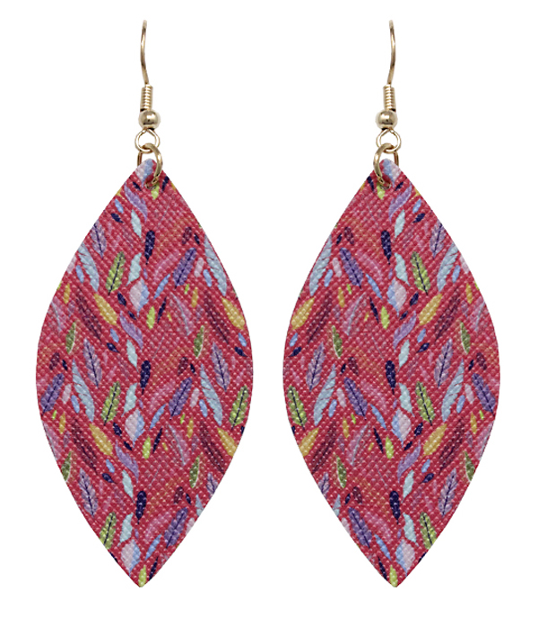 FEATHER PRINT FAUX LEATHER MARQUISE EARRING