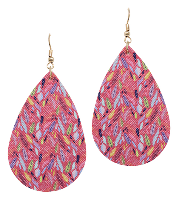 FEATHER PRINT FAUX LEATHER TEARDROP EARRING