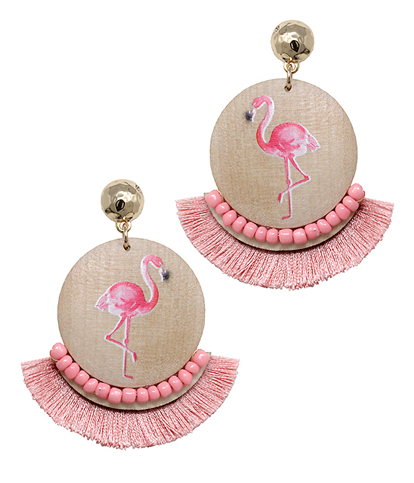 Flamingo wood disc and fan tassel earring
