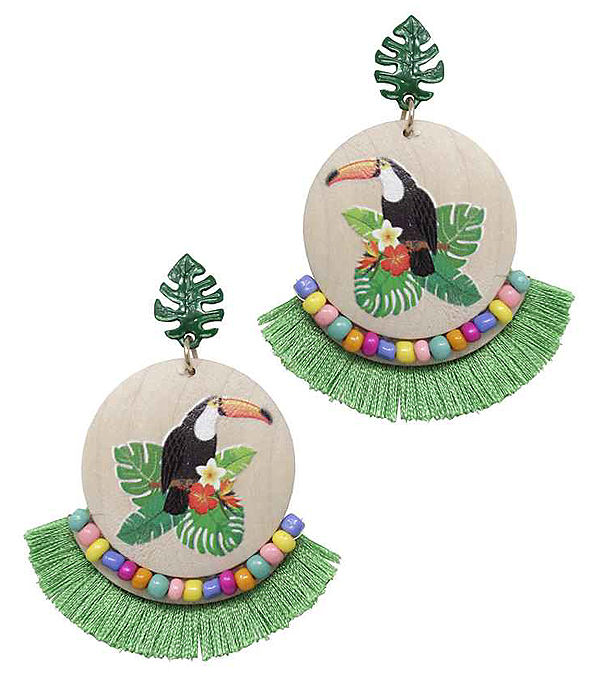 Toucan wood disc and fan tassel earring