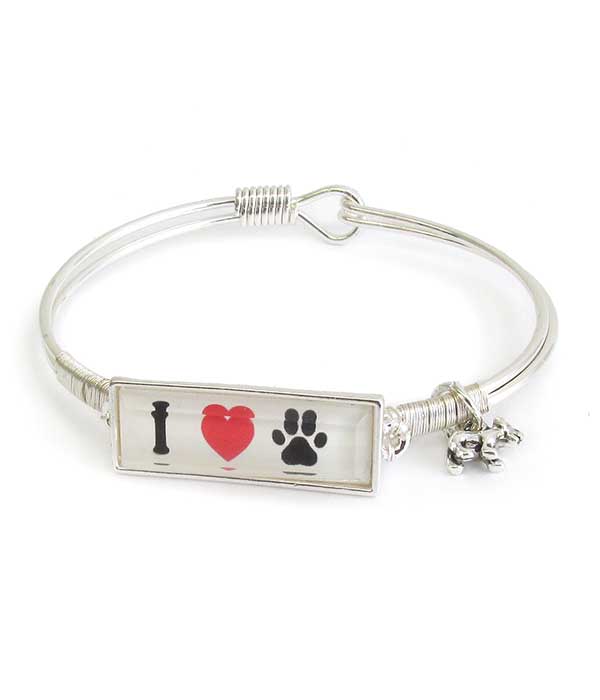 PET LOVERS THEME WIRE BANGLE BRACELET - I LOVE PAW