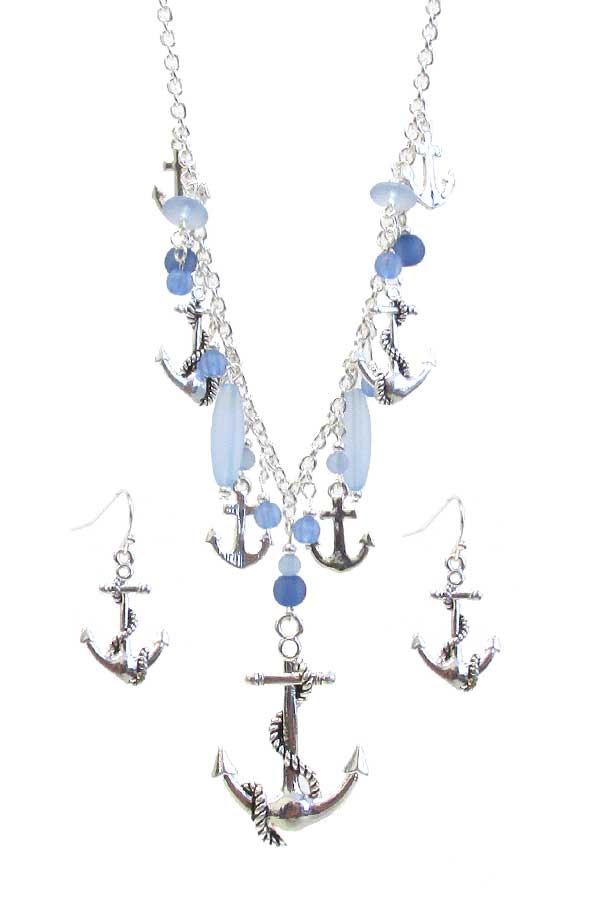 SEALIFE THEME SEAGLASS AND MULTI CHARM NECKLACE SET - ANCHOR sea glass