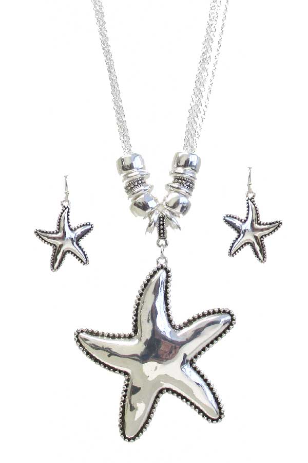 Hammered metal pendant necklace set - starfish