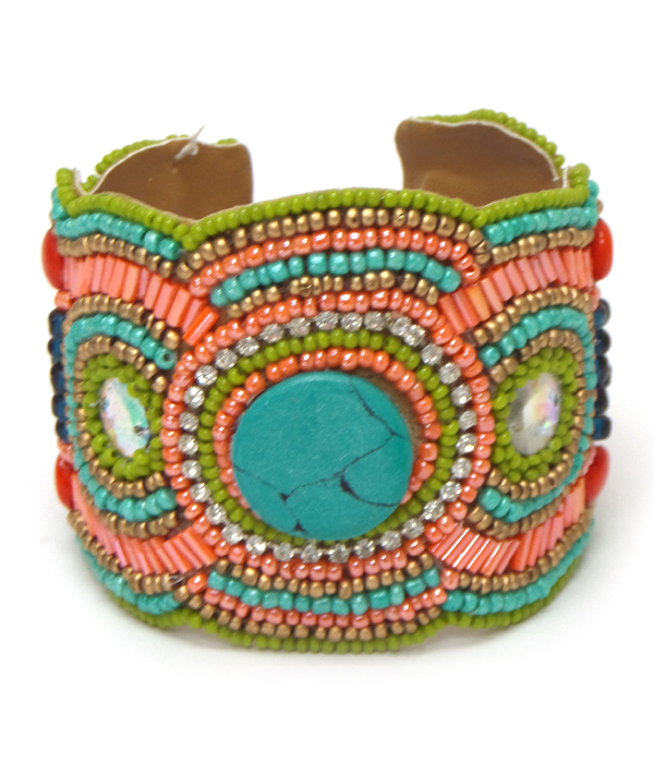 Multi seedbeads with stone center cuff bracelet