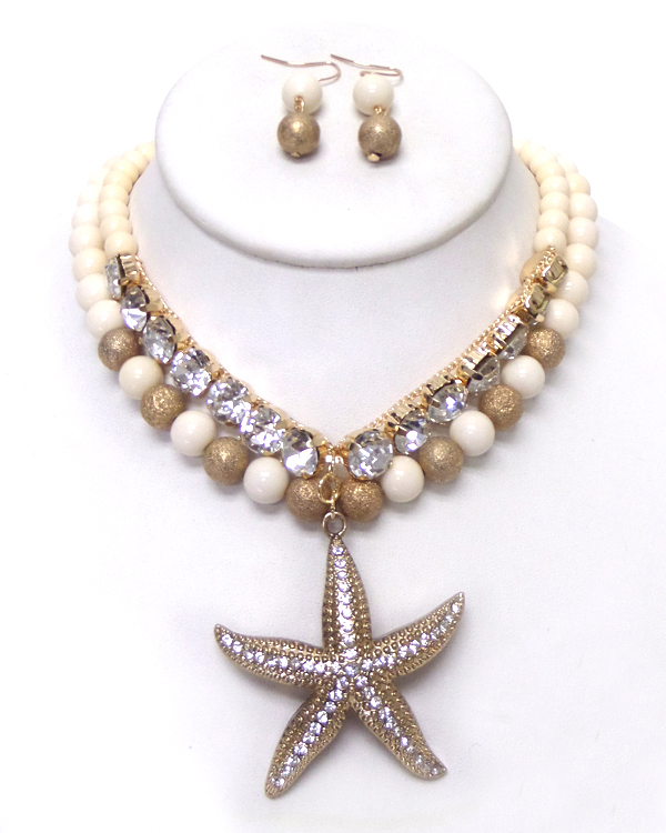 Crystal starfish and double layered ball chain necklace set