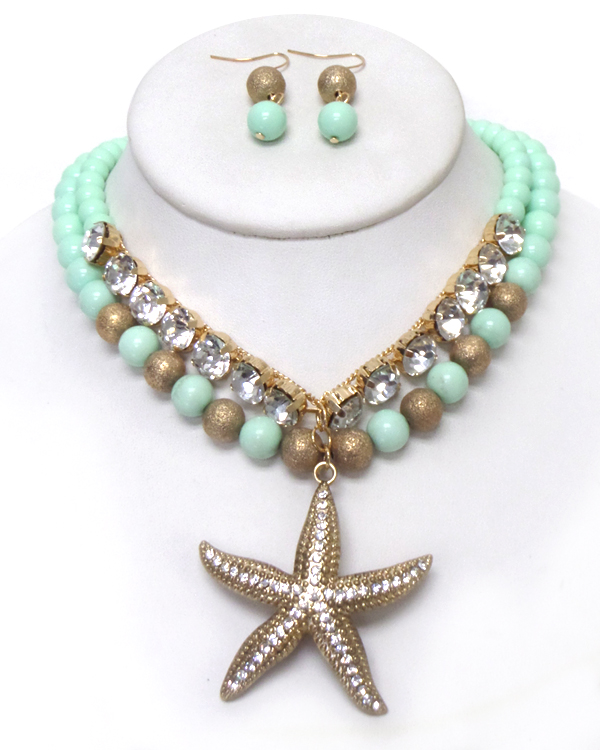 Crystal starfish and double layered ball chain necklace set