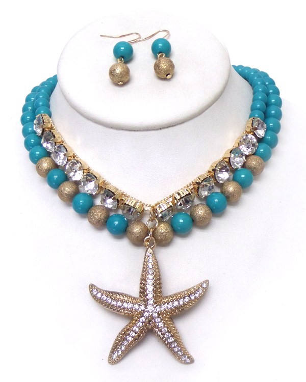 Crystal starfish and double layered ball chain necklace set