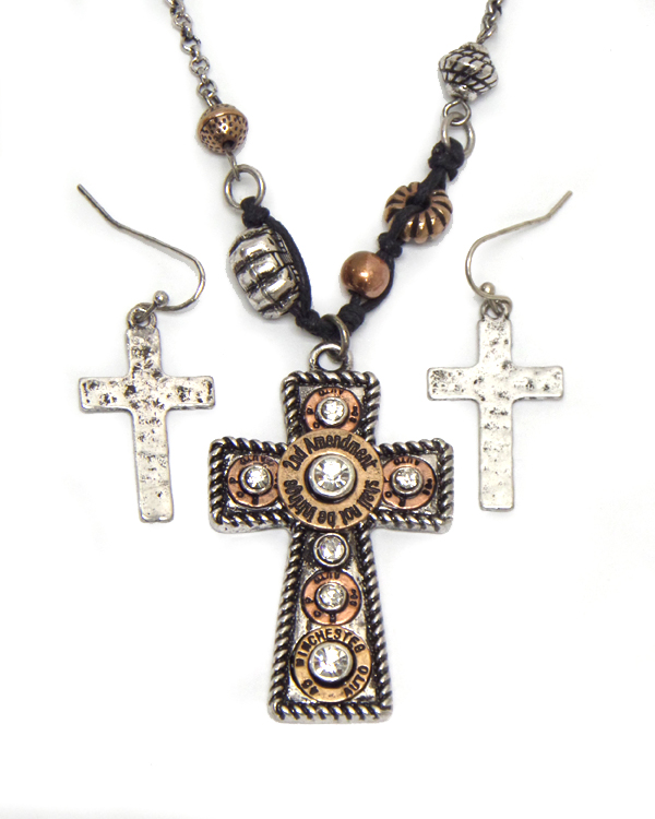 Crystal bullet cross pendant long necklace set