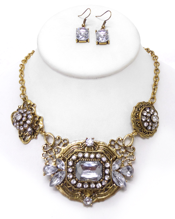 Metal filigree crystal necklace set