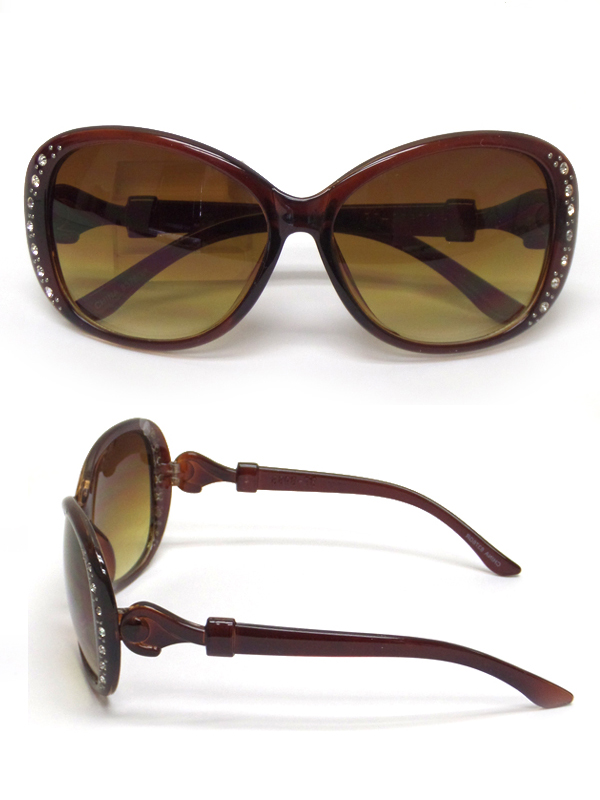 Crystal stud curved lense acrylic frame sunglasses=uv-protection