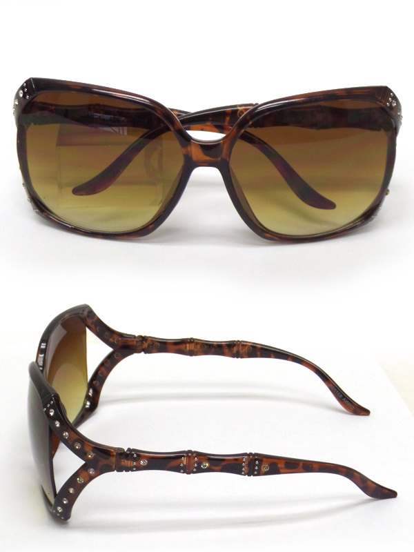 Crystal stud curved lense acrylic frame animal print sunglasses uv-protection