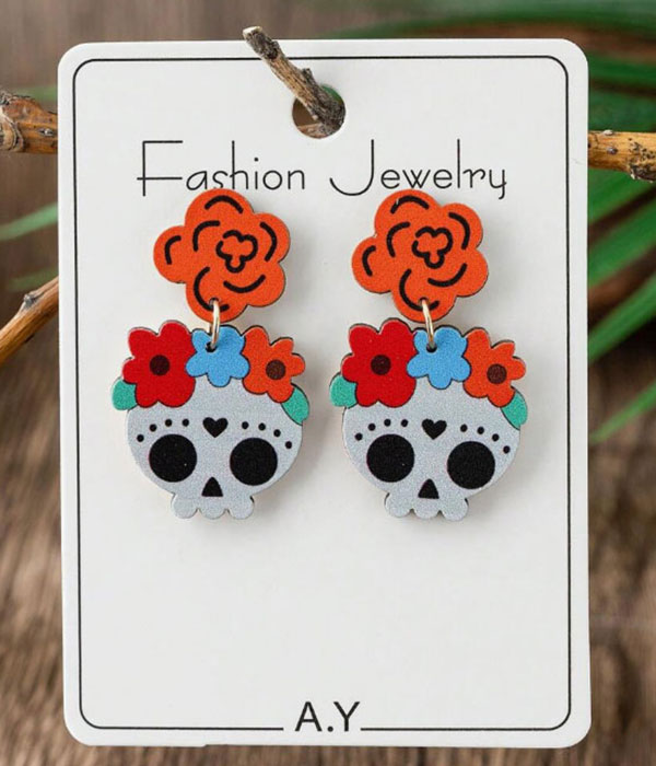 Sugar skull wood earring