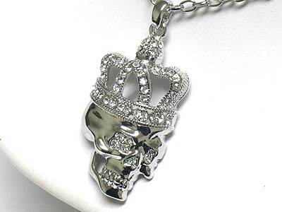 Whitegold palting crystal crown skull necklace - large