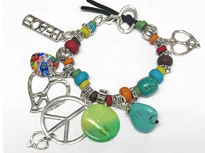 Peace theme charm and leather band with wooden tube thread braceelt