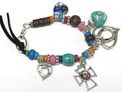 Multi charm charm and leather band with wooden tube thread braceelt