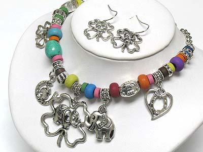 Multi color genuine stone and charm dangle chain necklace and earring set