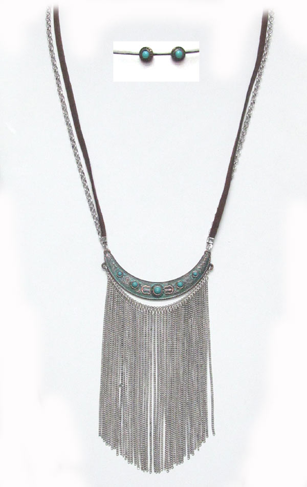 Vintage metal tassel drop leather and chain mixed nlong necklace set
