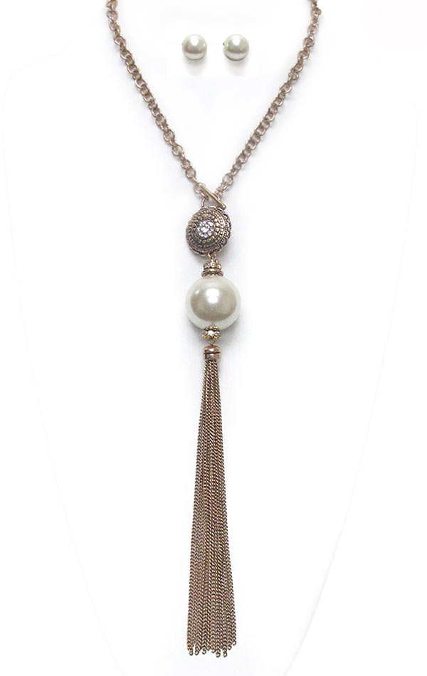 Large pearl ball and long metal tassel drop long necklace set