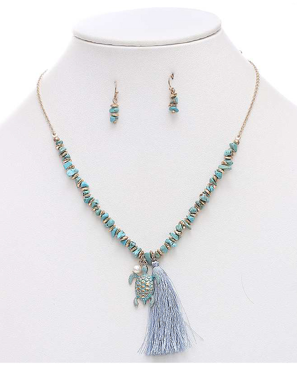 SEMI PRECIOUS CHIPSTONE AND TASSEL DROP NECKLACE SET - TURTLE