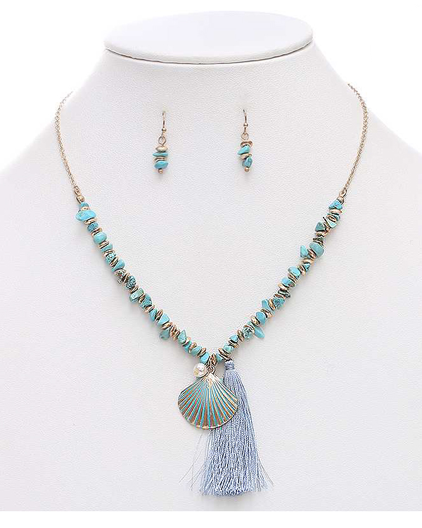 SEMI PRECIOUS CHIPSTONE AND TASSEL DROP NECKLACE SET - SHELL