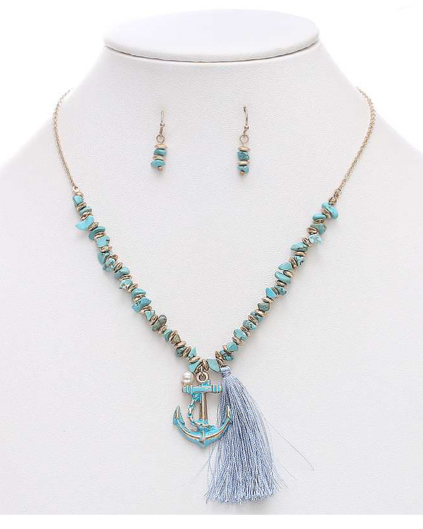 SEMI PRECIOUS CHIPSTONE AND TASSEL DROP NECKLACE SET - ANCHOR