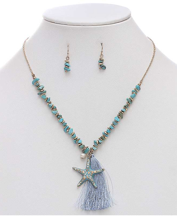 Semi precious chipstone and tassel drop necklace set - starfish