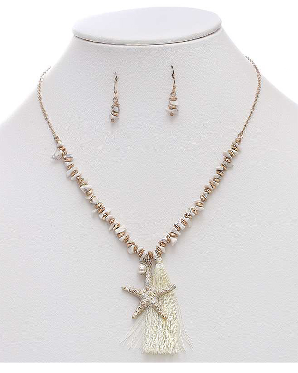 Semi precious chipstone and tassel drop necklace set - starfish