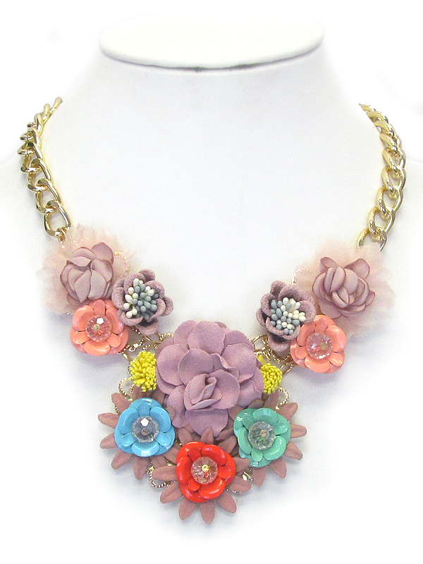 Multi fabric corsage deco bib necklace