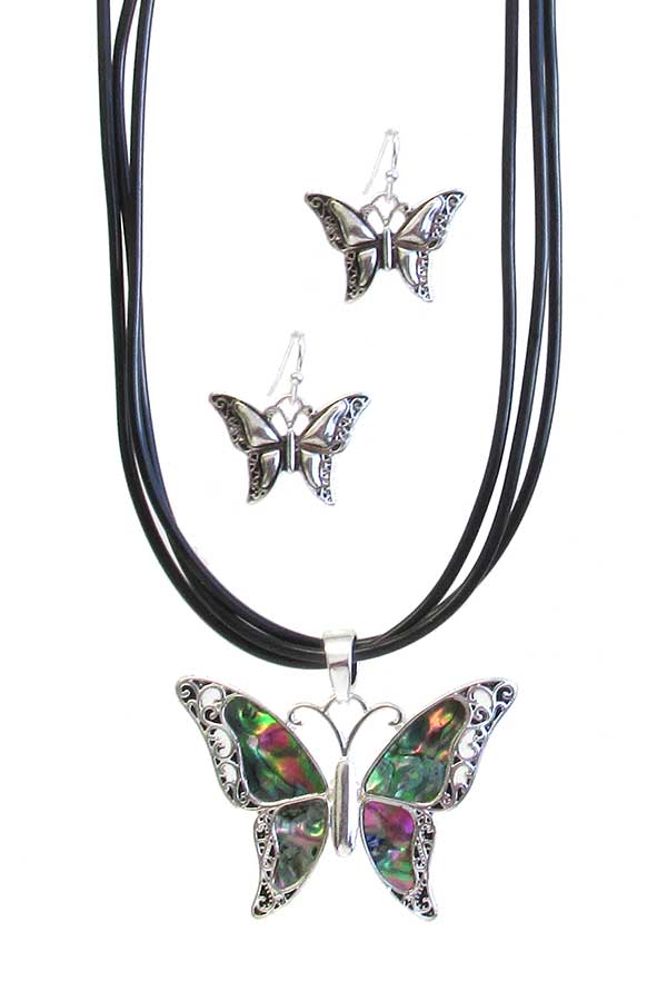 ABALONE PENDANT AND CORD NECKLACE SET - BUTTERFLY