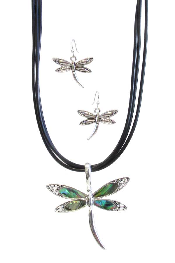 ABALONE PENDANT AND CORD NECKLACE SET - DRAGONFLY