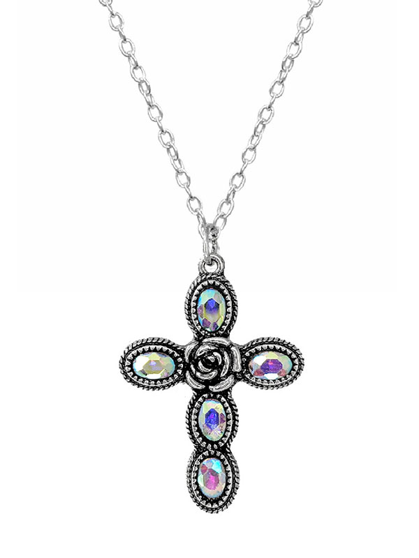 Rose flower center cross necklace