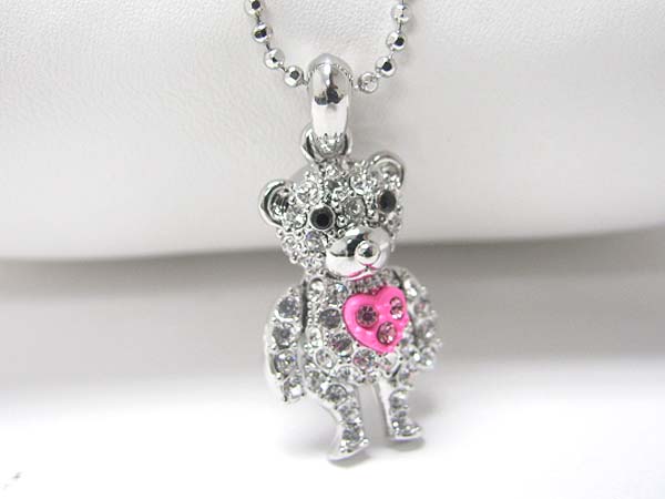 Made in korea whitegold plating crystal stud love bear pendant necklace