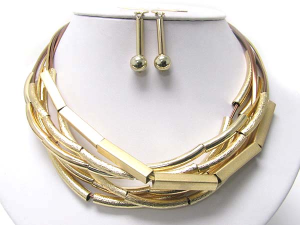 Multi strand round and square metal tube thread cord necklace earring set