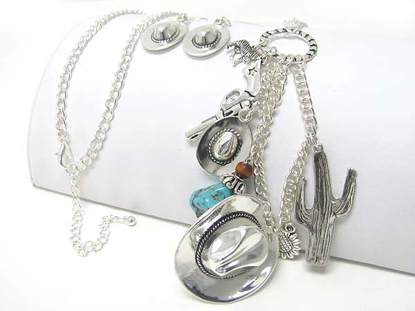 Western theme tri tone metal charm dangle long necklace earring set