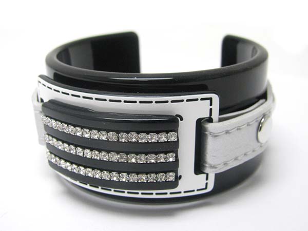 THREE LINE RHINESTONE DECO LEATHER BELT ACRYL BANGLE