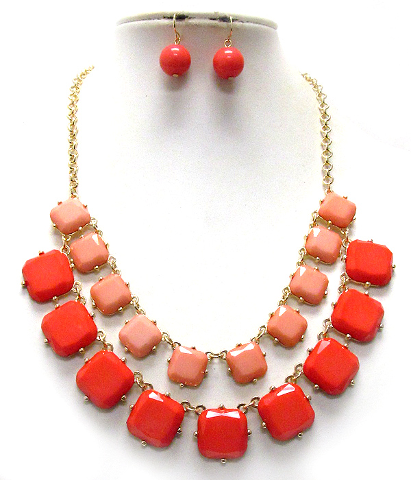 Multi square acrylic stone link double layer necklace earring set