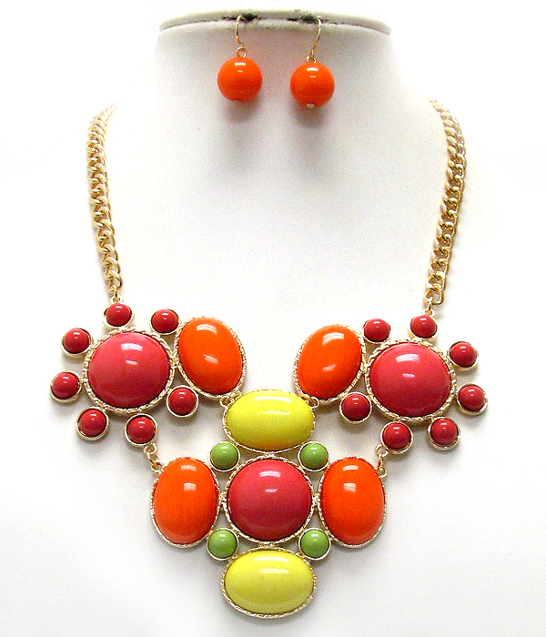 Puffy acrylic stone flower link necklace earring set