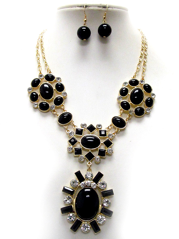 Crystal and puffy acrylic stone flower link drop necklace earring set