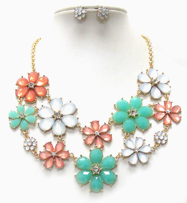Multi crystal and facet acrylic stone flower link party bib necklace earring set