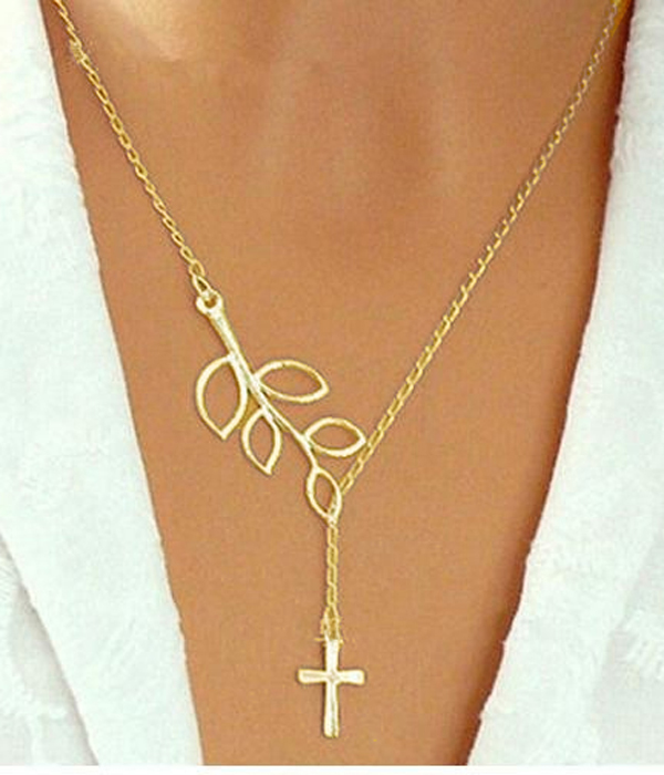 Etsy style cross and leaf necklace