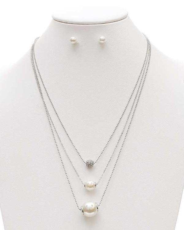 Crystal ball and pearl drop 3 layer necklace set