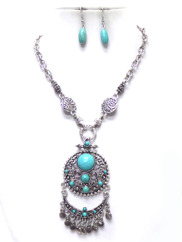 Metal filigree turquoise disk necklace set