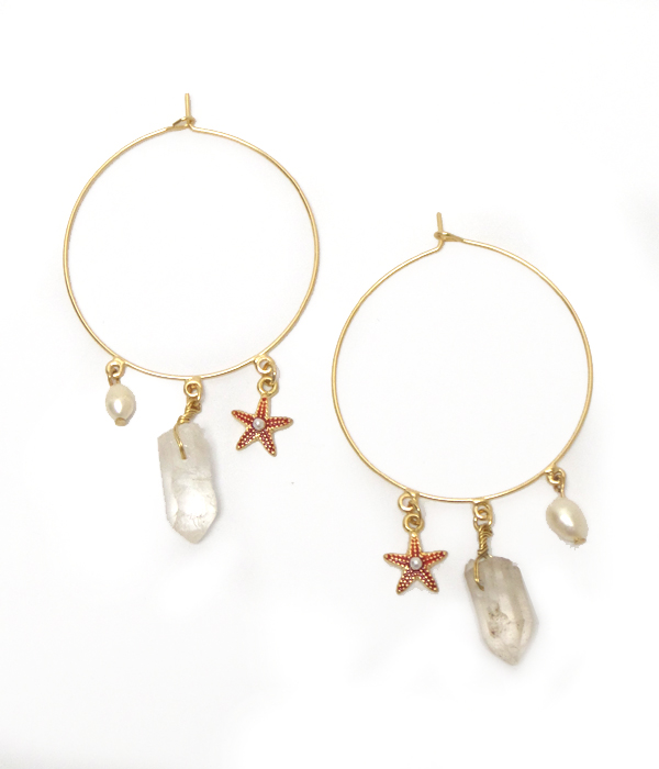 Starfish and quartz charm wire hoop earring