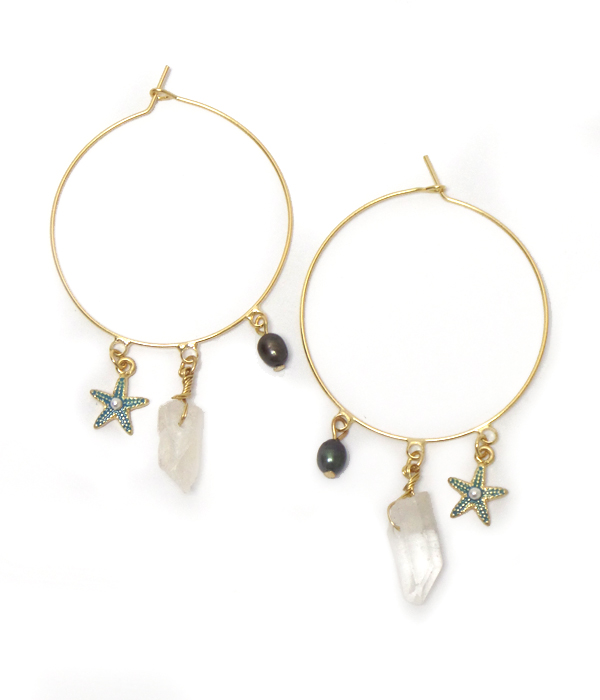Starfish and quartz charm wire hoop earring