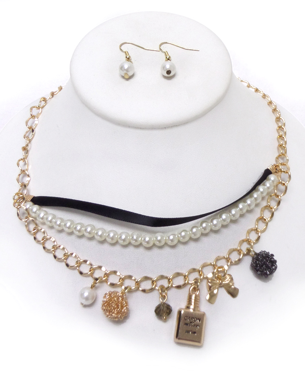 PERFUME BOTTLE AND MULTI CHARM AND PEARL CHAIN NECKLACE SET